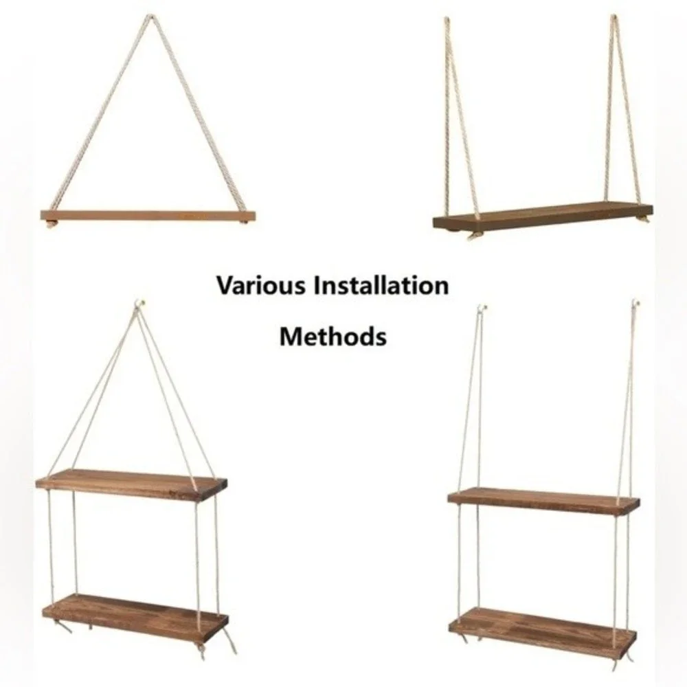 Boho Rustic Wall Hanging Wood Floating Shelves, Set of 2